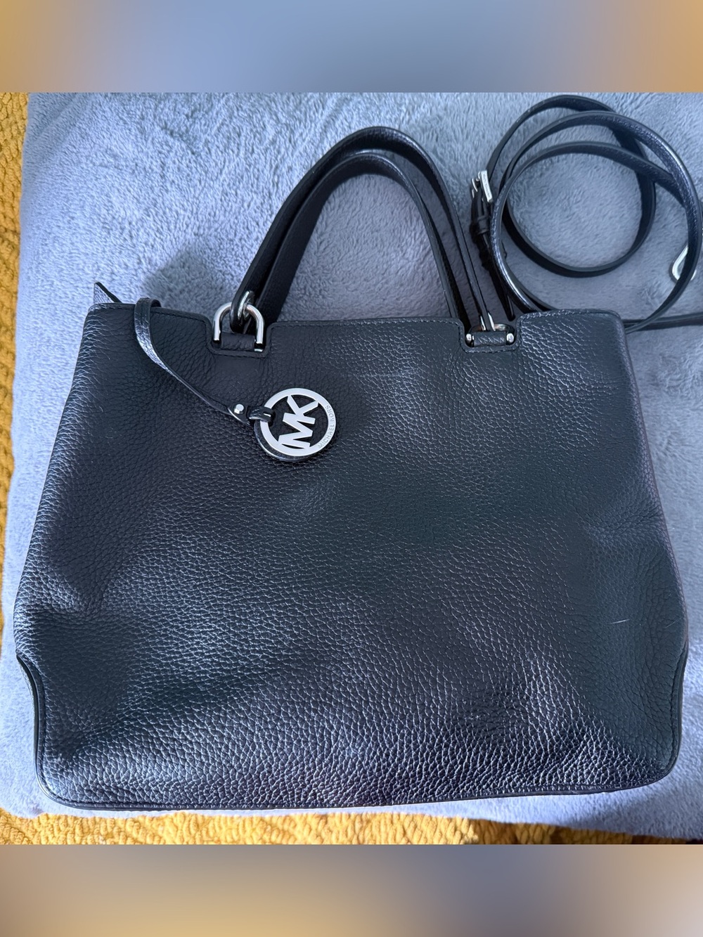 Michael Kors Black Pebbled Leather Tote with MK Charm and Strap